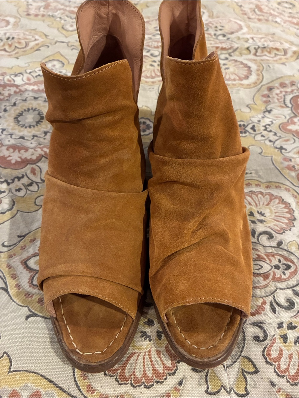 Sundance Women's Suede Peep-Toe Ankle Boots in Tan/mustard yellow